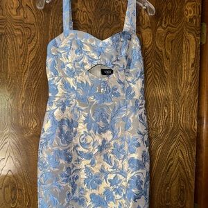 Vici nude gold with blue flower midi dress